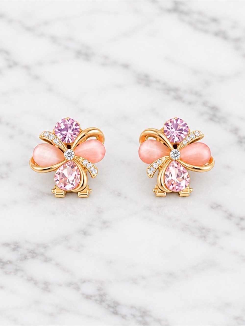 Pink and Clear Clover Shaped Stud Earrings - Gold Plated